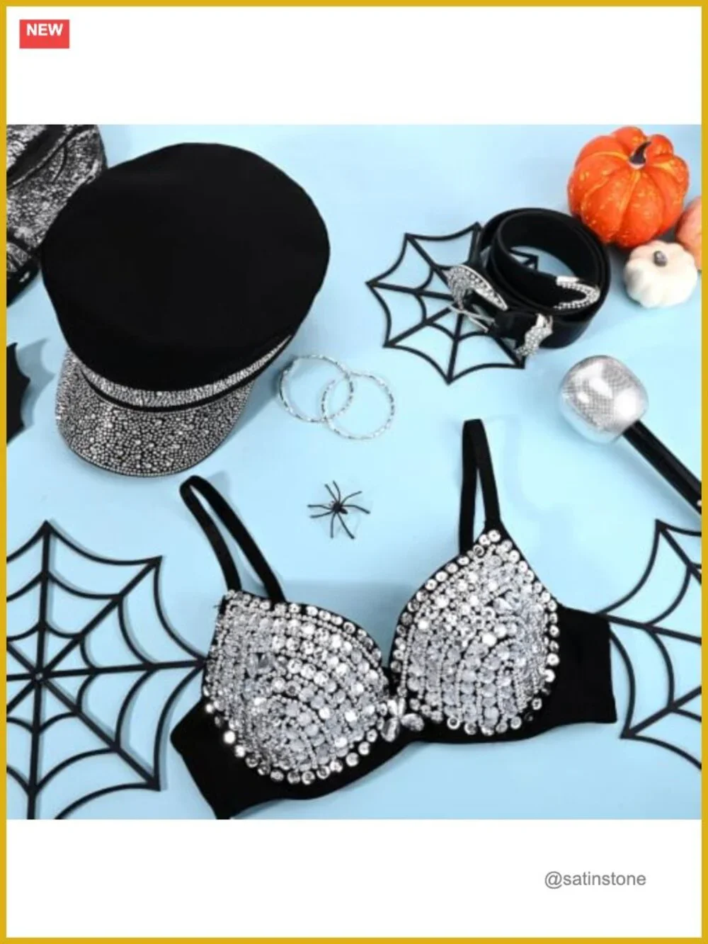 Rhinestone Halloween Singer Costume Set Hat Bra Top Belt Earrings Microphone